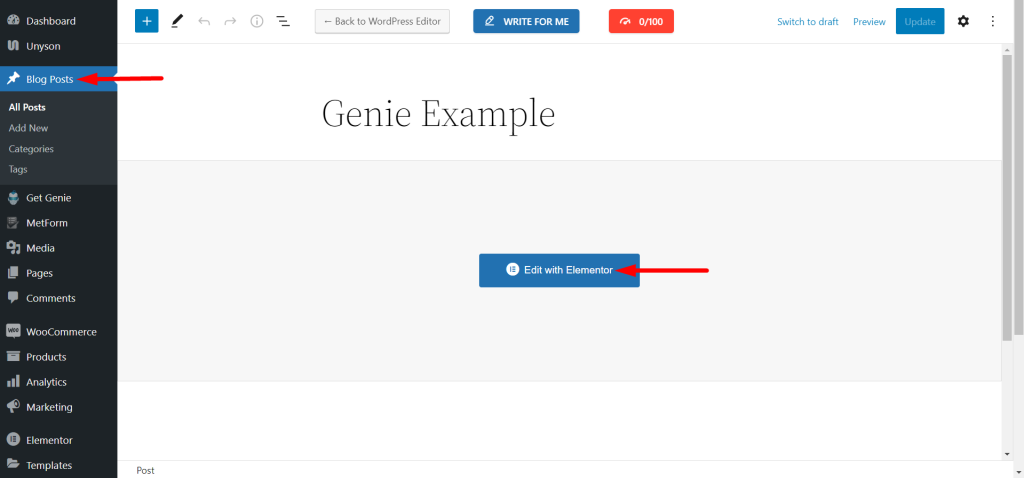 Edit a post with elementor and write relevant content with Genie.