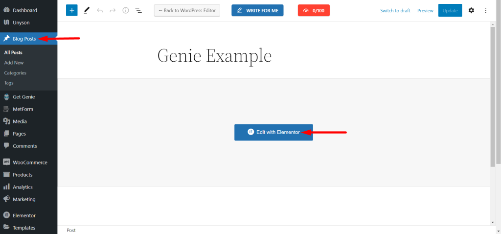 Edita una publicación con elementor y escribe contenido relevante con Genie.
