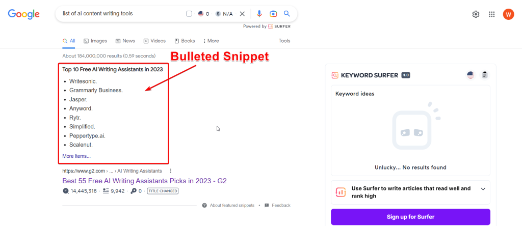 organic rank for featured snippets through Bulleted snippet