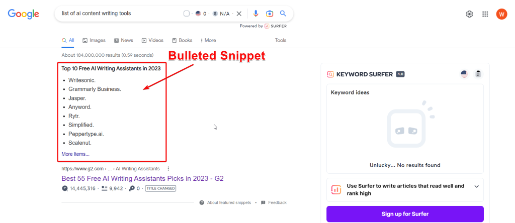 organischer Rang für Featured Snippets durch Bulleted Snippet