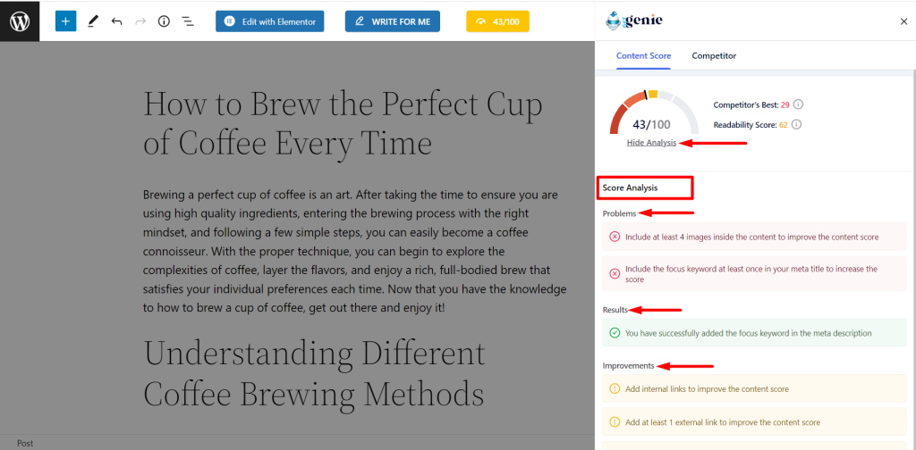 Conheça seus problemas de conteúdo, resultados e escopos de melhoria com GetGenie AI.
