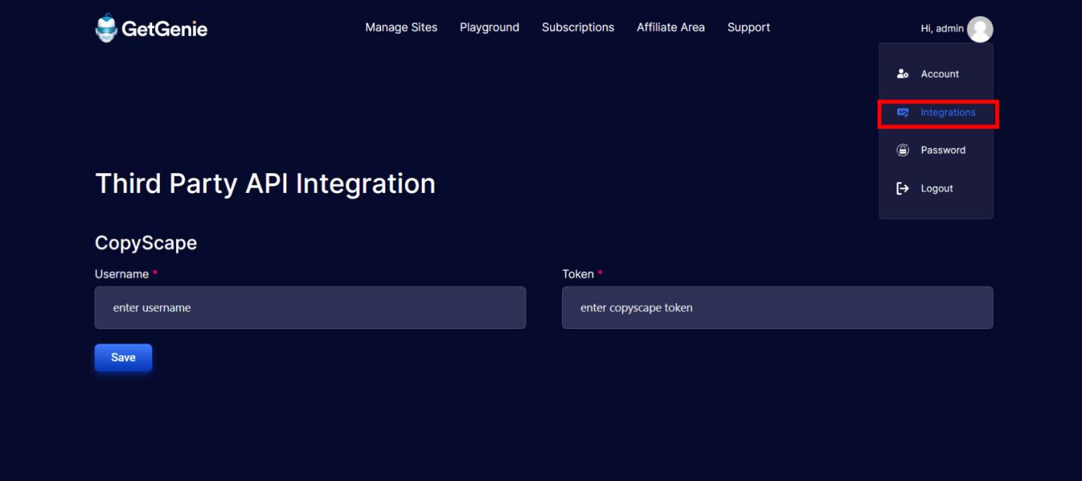  integrate Copyscape API key with GetGenie Ai 