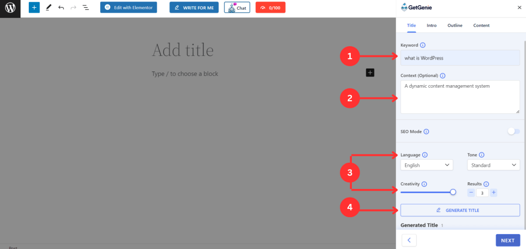 Click on “Generate Title” to generate content with Ai content optimization tool
