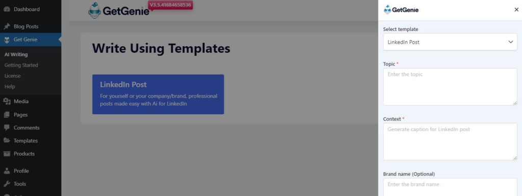 Wprowadź temat, a następnie uzupełnij kontekst odpowiednimi informacjami. Podaj nazwę marki (opcjonalnie) – pisz posty na LinkedIn za pomocą sztucznej inteligencji