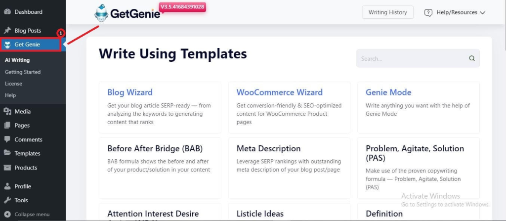Navigate to GetGenie from WordPress Dashboard- Write LinkedIn Posts with AI
