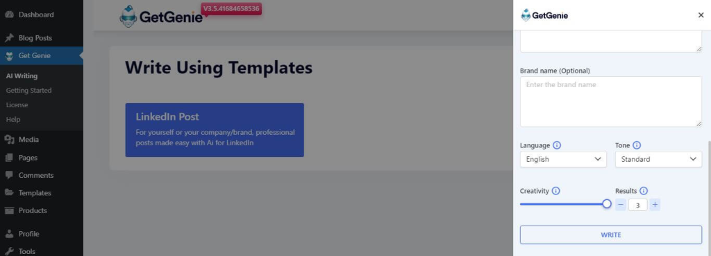 Select- Language then customize Creativity level at you desire then Select the preferred  Result quantity- Write LinkedIn Posts with AI 