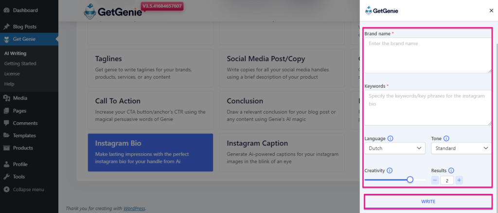 Create Instagram bio using GetGenie