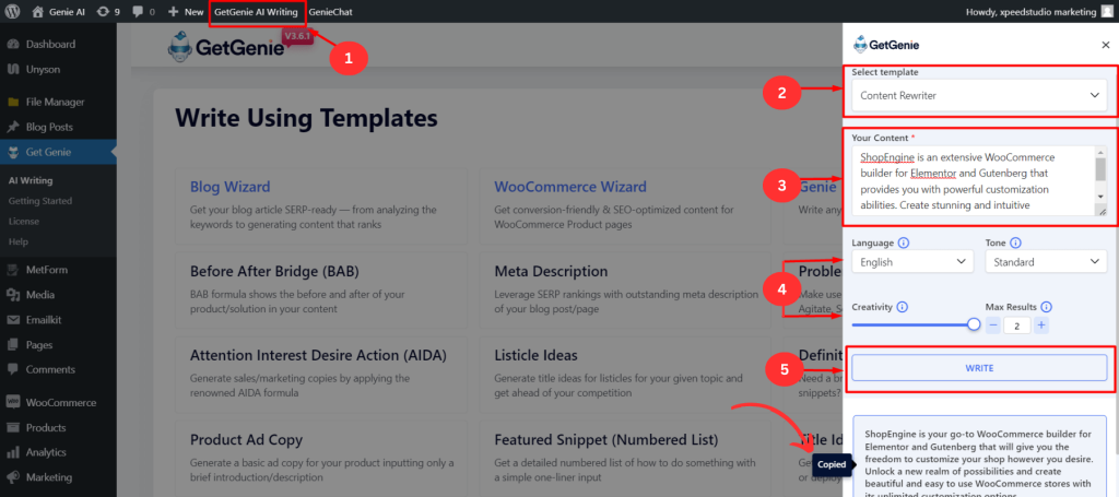 how to use Content Rewriter template of GetGenie