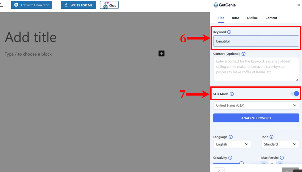 Investigación de palabras clave impulsada por IA: active el modo SEO