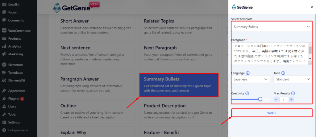 Multilingual content creation using Summary Bullets template of GetGenie