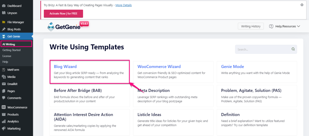 Write content faster using GetGenie's Blog Wizard template