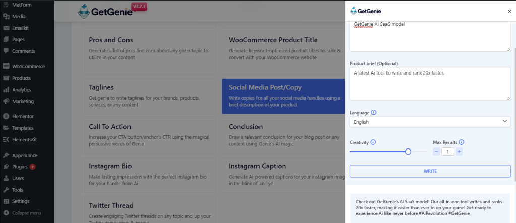 Generating social media posts with GetGenie AI is super fast