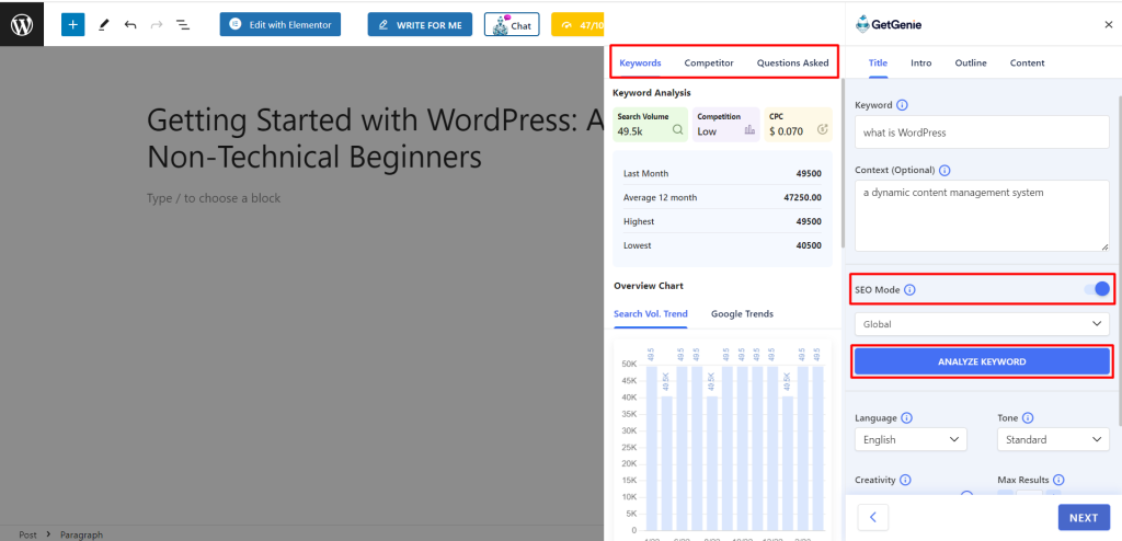 Keyword Analysis with the best free Ai content generator, GetGenie