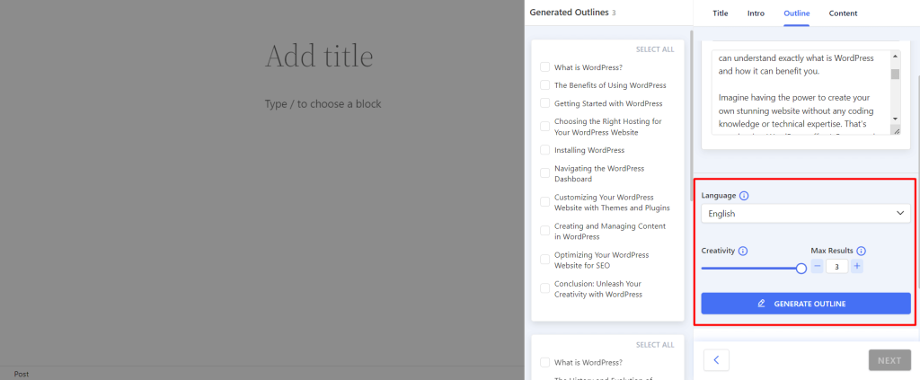 Generate Blog Outline for Customized Content 