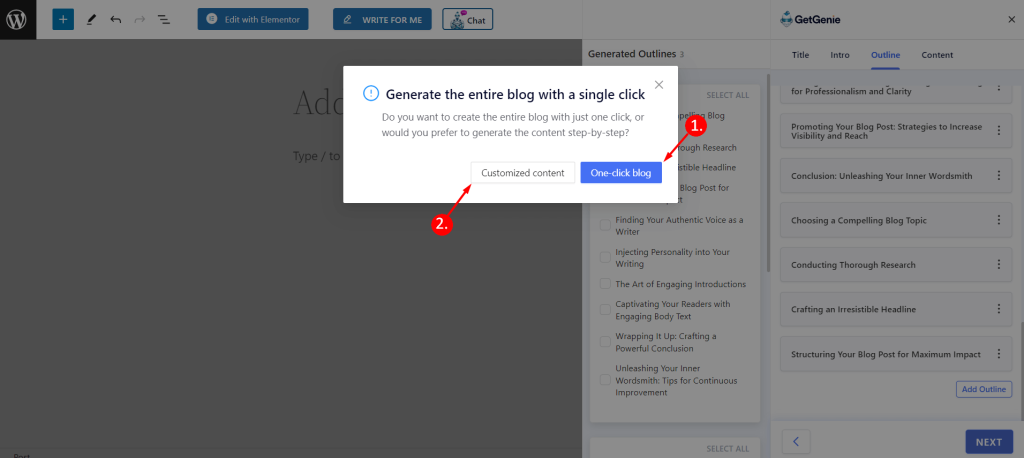 Indstillinger for "One-click blog" og "Customized Content" i GetGenie AI