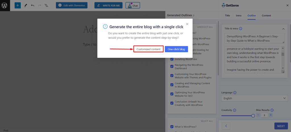 Pop-up window for Customized Content and One-click blog generation