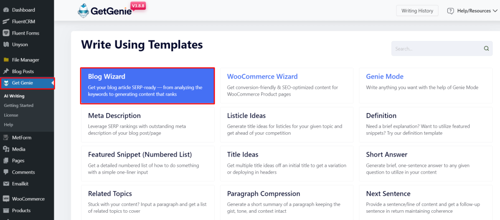Select the Blog Wizard template 