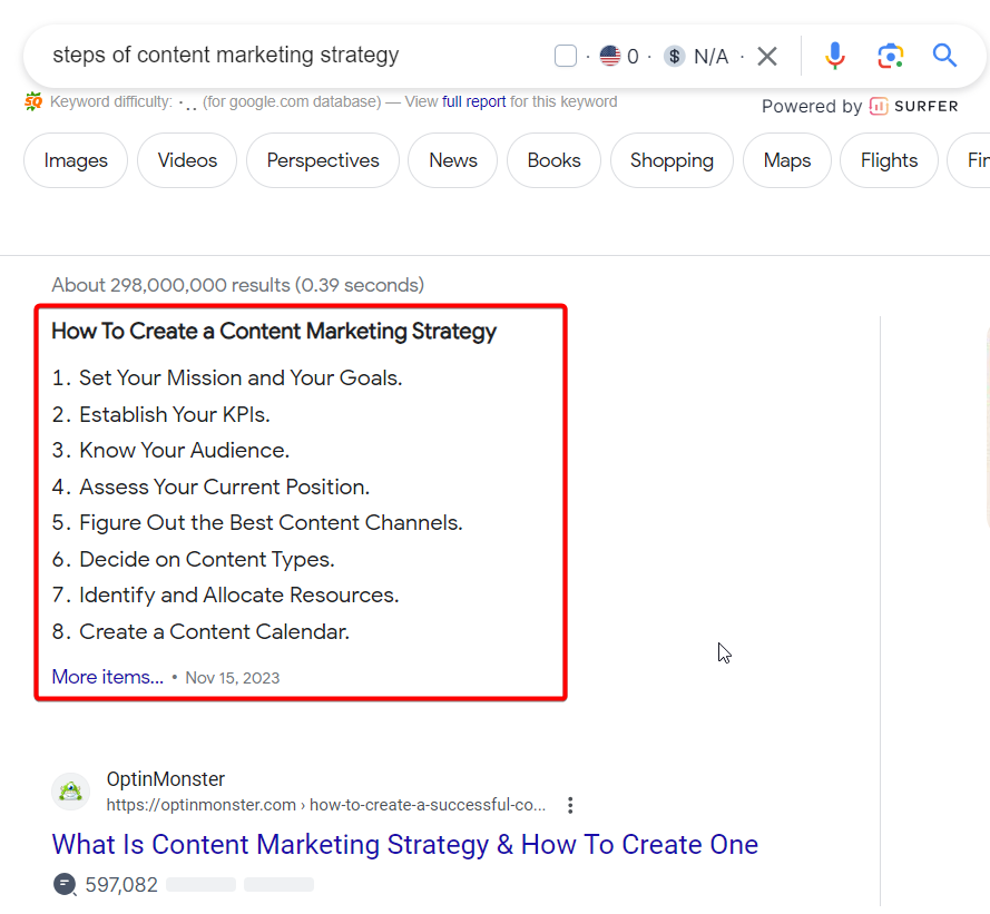 List content in Google Quick Answers