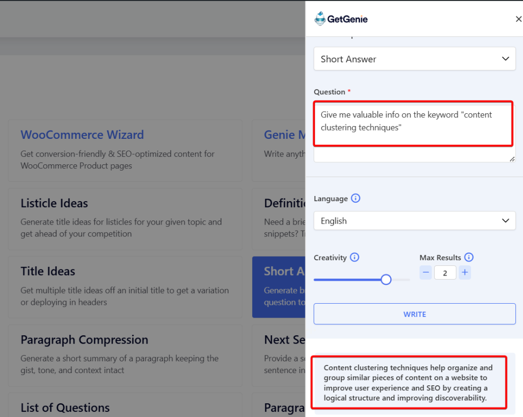 GetGenie's short answer template for valuable keyword info