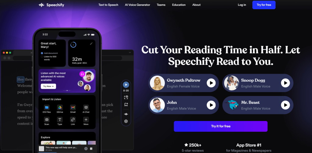 Speechify – geradores de voz de IA e ferramentas de conversão de texto em fala