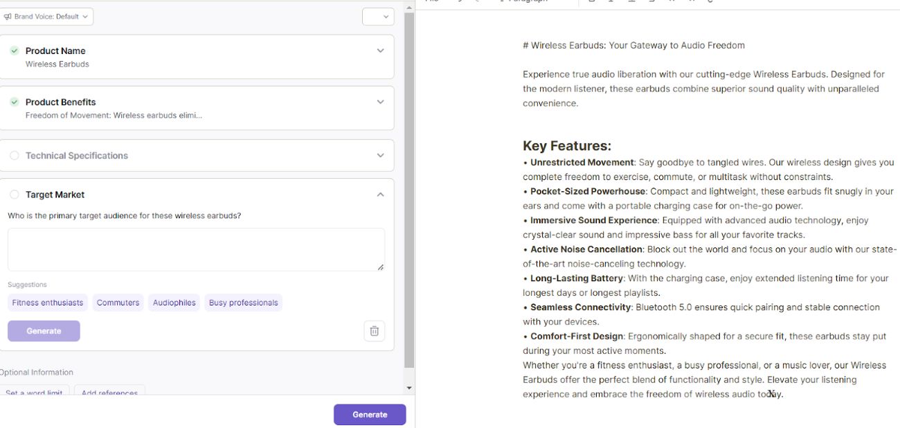 Writesonic product description template