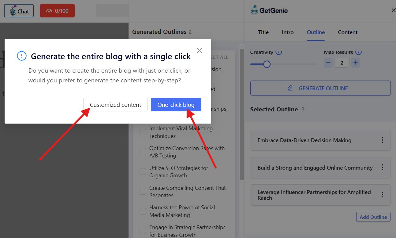 GetGenie blog generation with customized method and one-click blog method