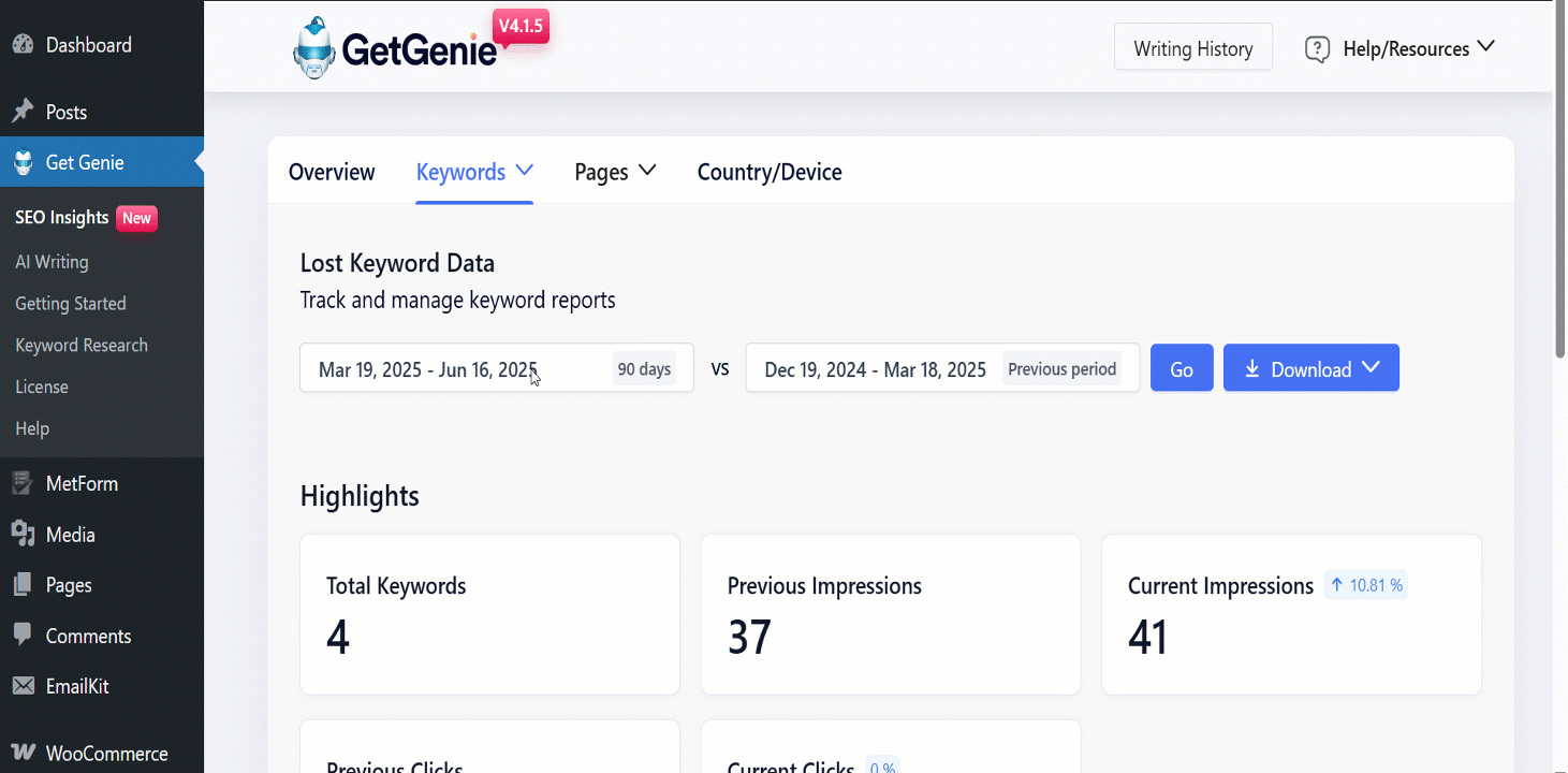 Set a timeline and get lost keyword data with SEO Insights