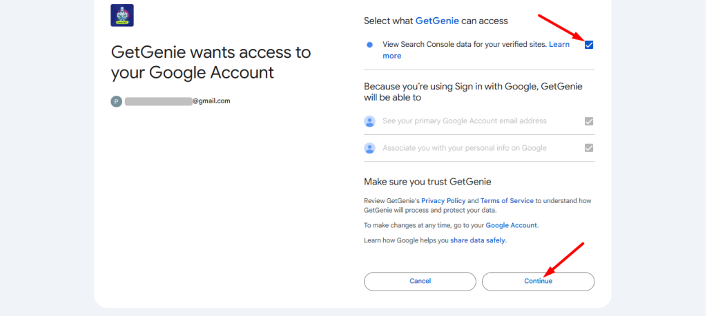 Allow GetGenie to access your GSC data