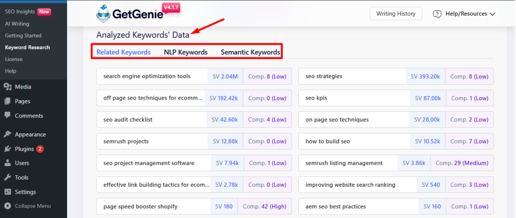 Analyze keyword data with GetGenie's keyword research feature