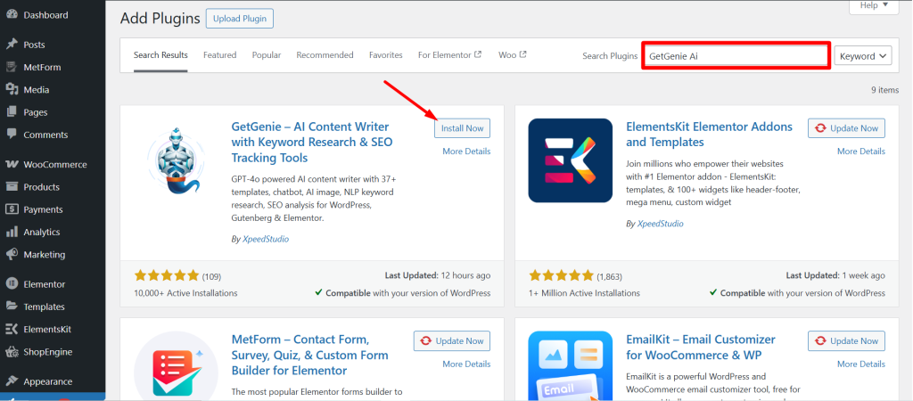 Search the GetGenie plugin from the dashboard