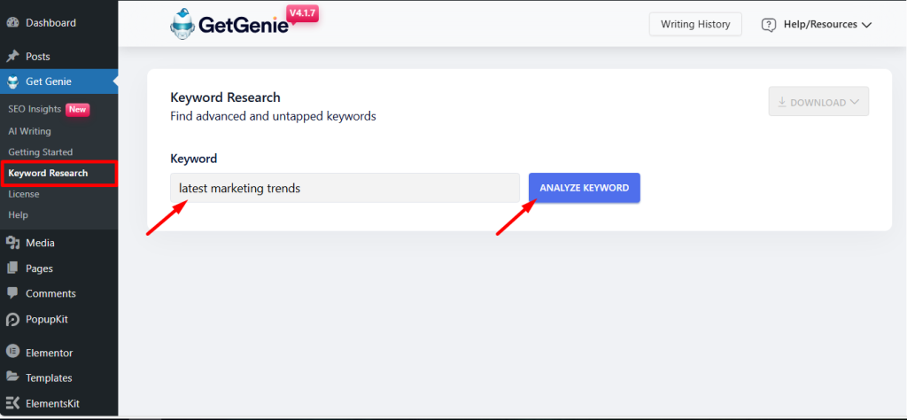 Keyword research with GetGenie AI