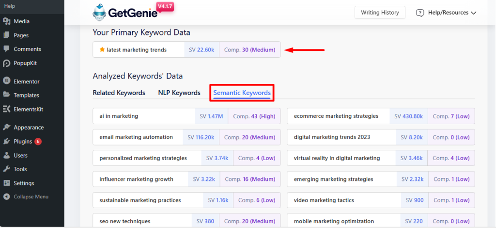 Check primary keyword data and click on the semantic keywords tab