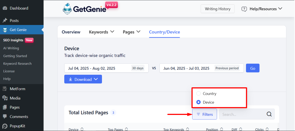 Click on the filters option and select device