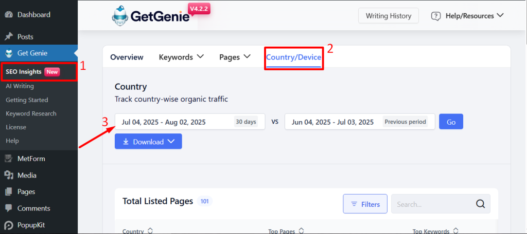 From SEO insights select country and device tab and set the calendar
