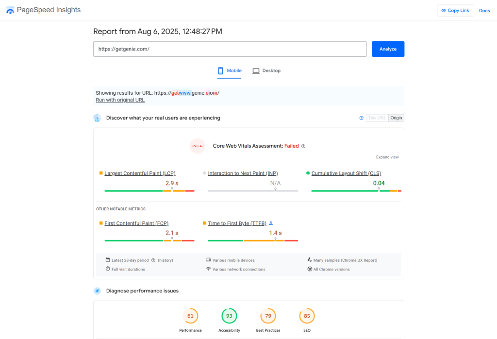 PageSpeed insights for analyzing device specific data