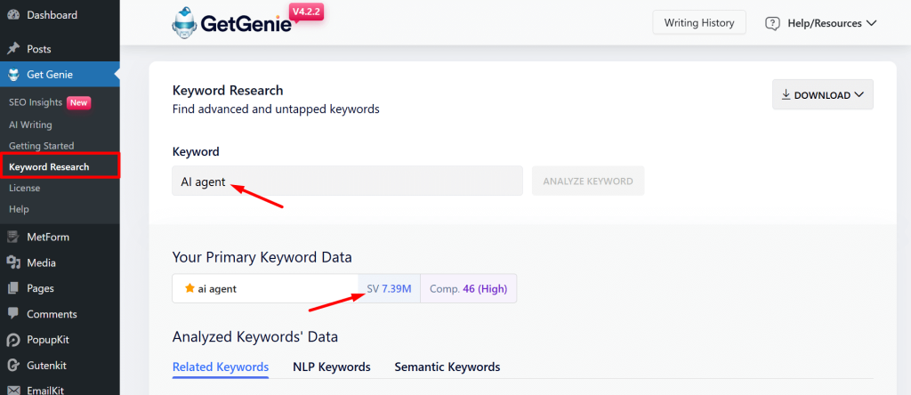 Finding keyword search volume with GetGenie