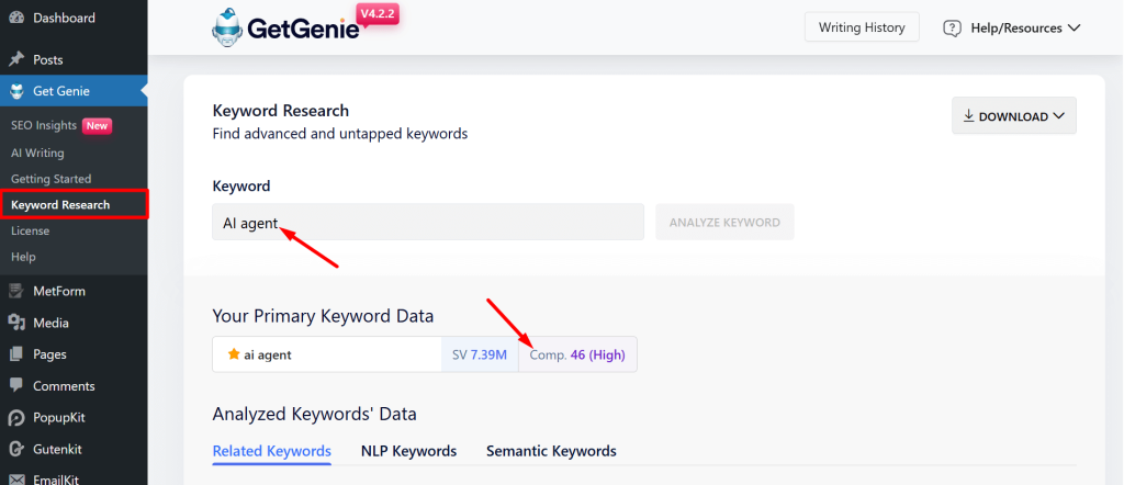 Finding keyword competition with GetGenie