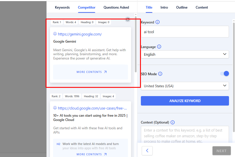 Competitor Analysis in Blog Wizard