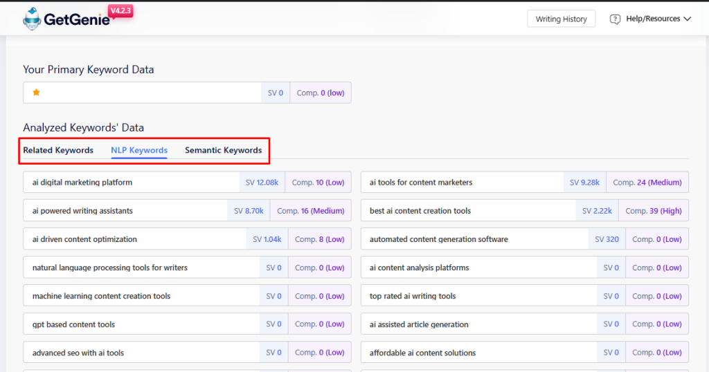 Recherche de mots clés GetGenie