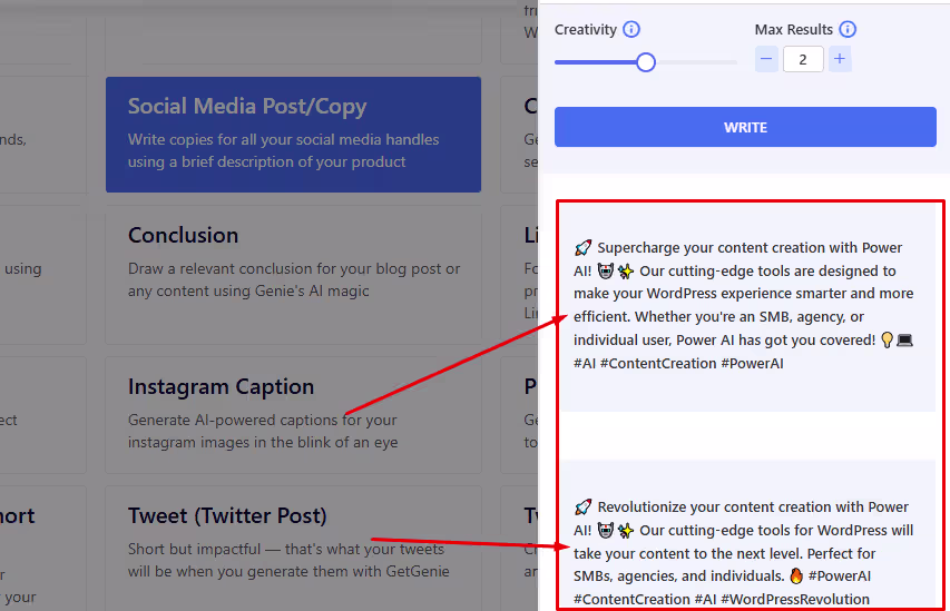 Generated Social Copy options