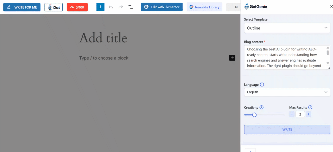 Generated blog outline inside the editor