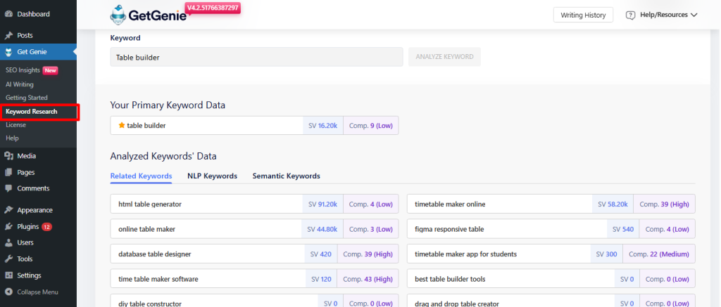 Investigación de palabras clave de GetGenie