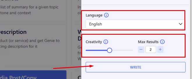 Selecting Language, Creativity and No of Results