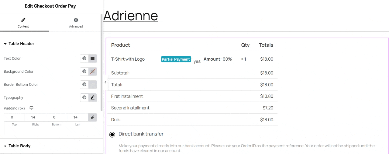 Customize check out order pay